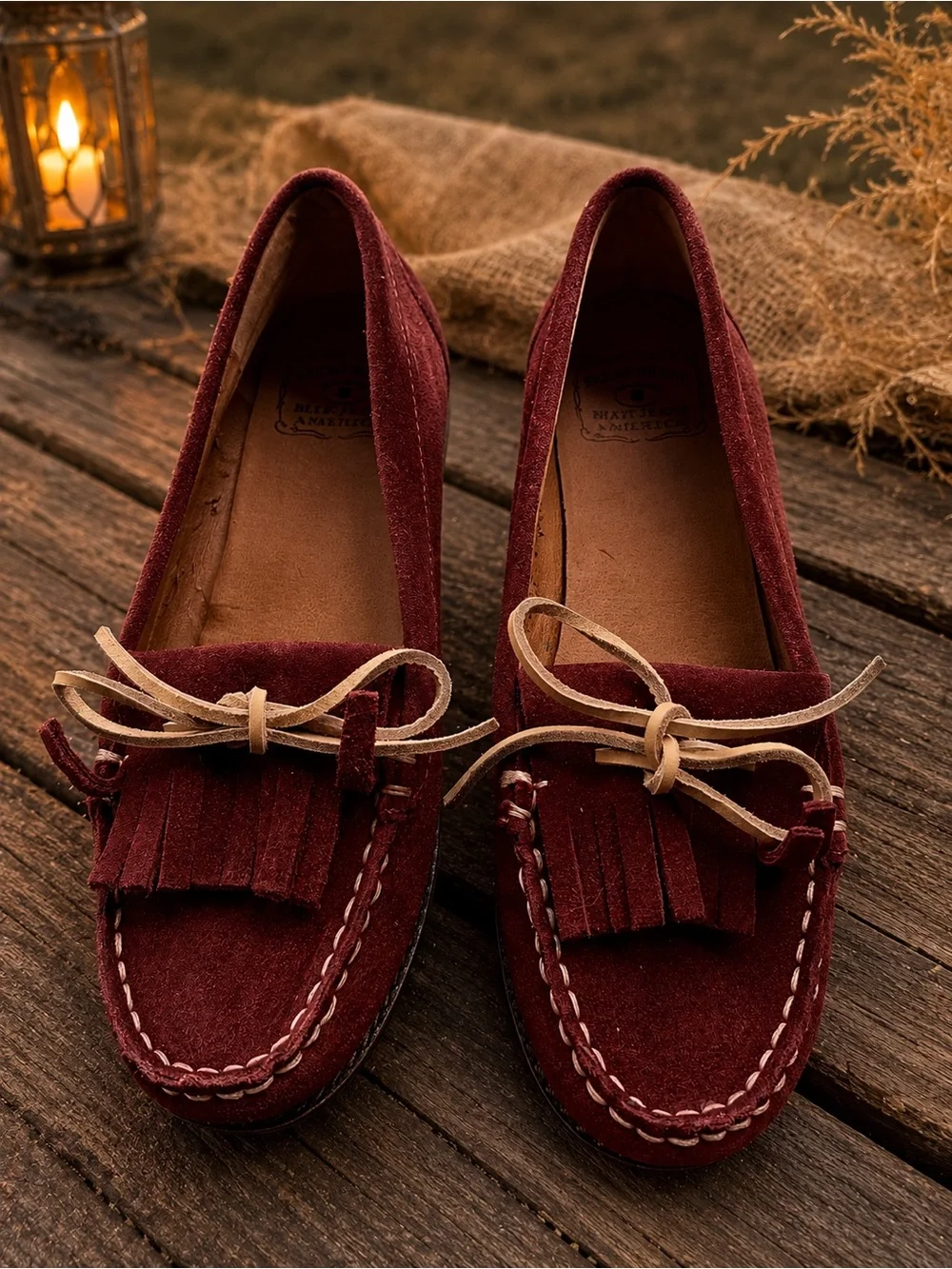 Lucky Brand Crimson Suede Moccasins tassels Sz 8 | Boho Festival Preppy Loafers - Picture 3 of 13